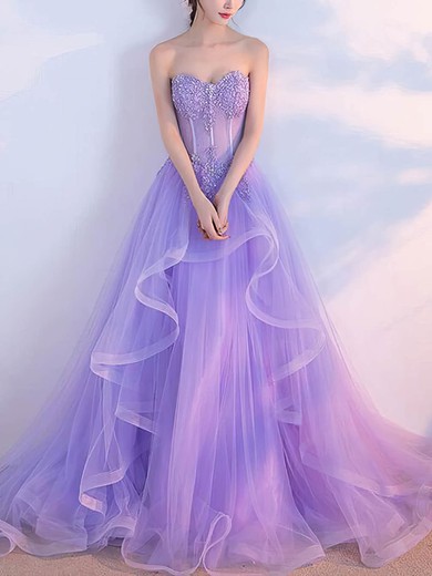 A-line Sweetheart Tulle Sweep Train Appliques Lace Prom Dresses #Favs020108779