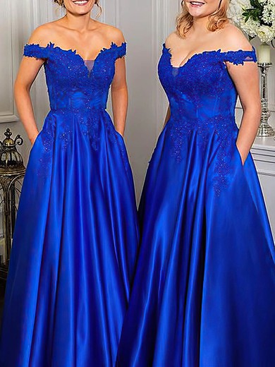A-line Off-the-shoulder Satin Sweep Train Appliques Lace Prom Dresses #Favs020108780