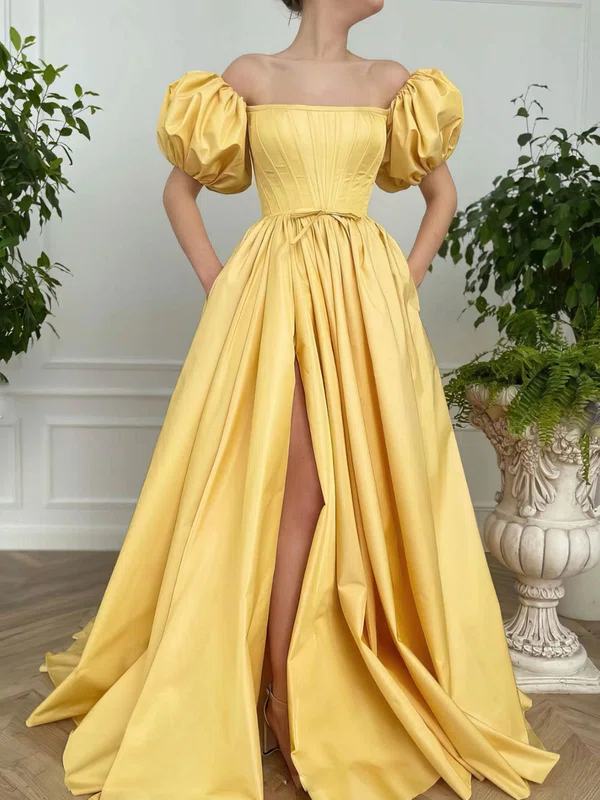 A-line Off-the-shoulder Satin Sweep Train Pockets Prom Dresses #Favs020108784