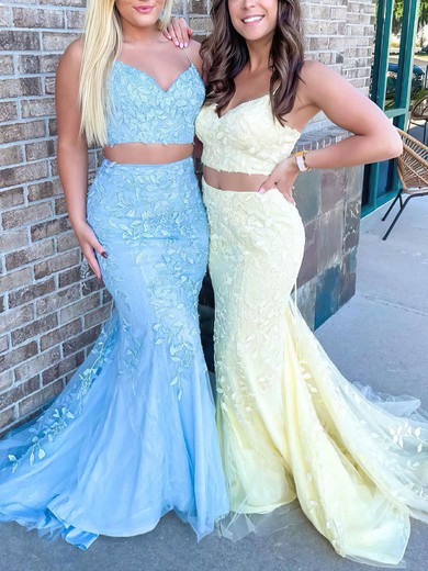 Trumpet/Mermaid V-neck Tulle Sweep Train Appliques Lace Prom Dresses #Favs020108788