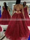 A-line Scoop Neck Tulle Sweep Train Beading Prom Dresses #Favs020108790