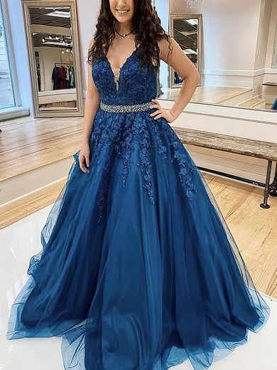 A-line V-neck Tulle Sweep Train Beading Prom Dresses #Favs020108791