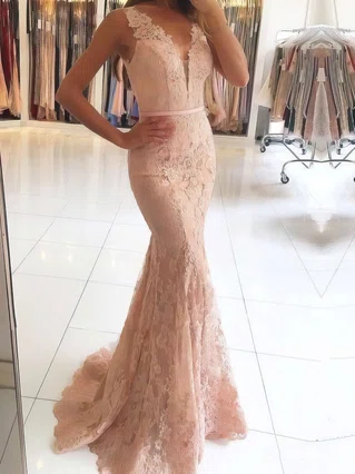 Trumpet/Mermaid V-neck Lace Tulle Sweep Train Beading Prom Dresses #Favs020105460 Trumpet/Mermaid V-neck Lace Tulle Sweep Train Beading Prom Dresses #Favs020105460