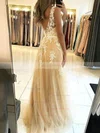 A-line V-neck Tulle Sweep Train Appliques Lace Prom Dresses #Favs020108794