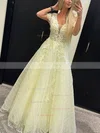 A-line V-neck Tulle Sweep Train Appliques Lace Prom Dresses #Favs020108799