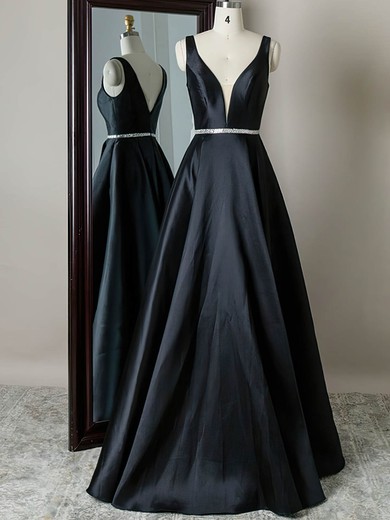 A-line V-neck Silk-like Satin Sweep Train Beading Prom Dresses #Favs020108803