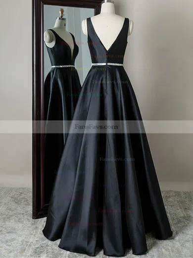 A-line V-neck Silk-like Satin Sweep Train Beading Prom Dresses #Favs020108803
