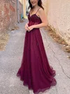 A-line V-neck Tulle Sweep Train Beading Prom Dresses #Favs020108806