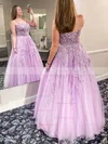 A-line V-neck Tulle Sweep Train Appliques Lace Prom Dresses #Favs020108807