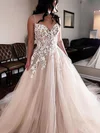 A-line V-neck Tulle Sweep Train Appliques Lace Prom Dresses #Favs020108808