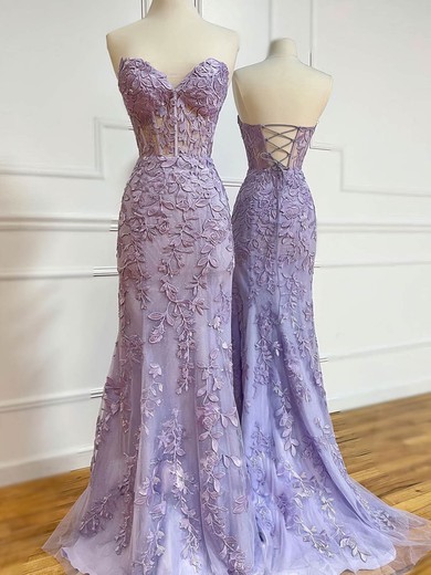 Trumpet/Mermaid V-neck Tulle Sweep Train Appliques Lace Prom Dresses #Favs020108809