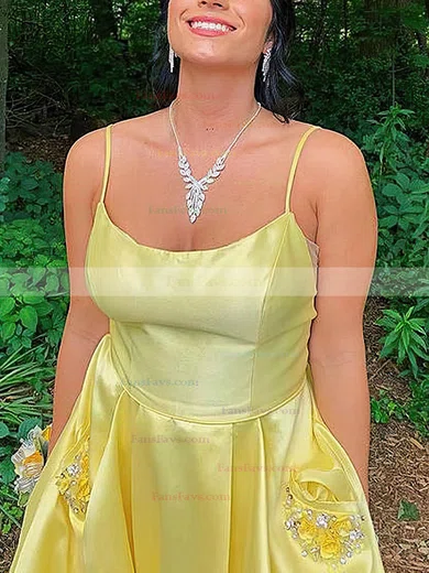 A-line Square Neckline Satin Sweep Train Beading Prom Dresses #Favs020108810