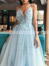 A-line V-neck Tulle Sweep Train Appliques Lace Prom Dresses #Favs020108813