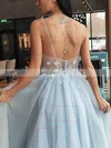 A-line V-neck Tulle Sweep Train Appliques Lace Prom Dresses #Favs020108813