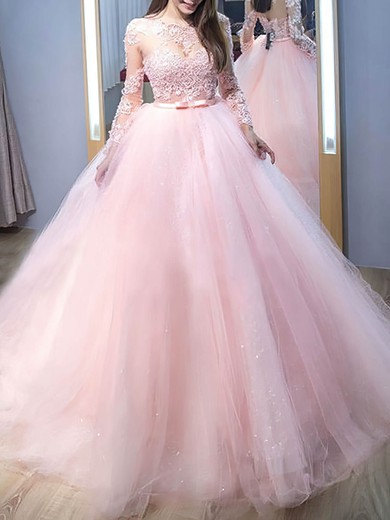 Ball Gown Scoop Neck Tulle Sweep Train Appliques Lace Prom Dresses #Favs020108815