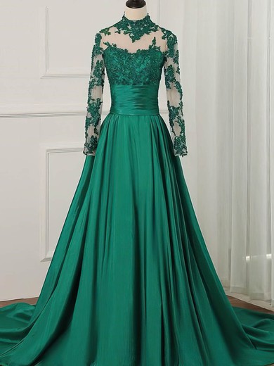 A-line Scoop Neck Tulle Silk-like Satin Sweep Train Appliques Lace Prom Dresses #Favs020108817