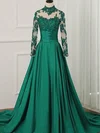 A-line Scoop Neck Tulle Silk-like Satin Sweep Train Appliques Lace Prom Dresses #Favs020108817