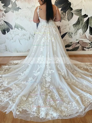 A-line V-neck Tulle Sweep Train Appliques Lace Prom Dresses #Favs020108819