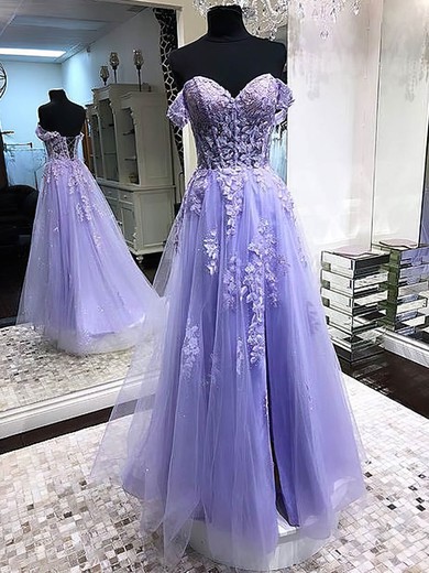 A-line Floor-length Off-the-shoulder Tulle Appliques Lace Prom Dresses #Favs020108820