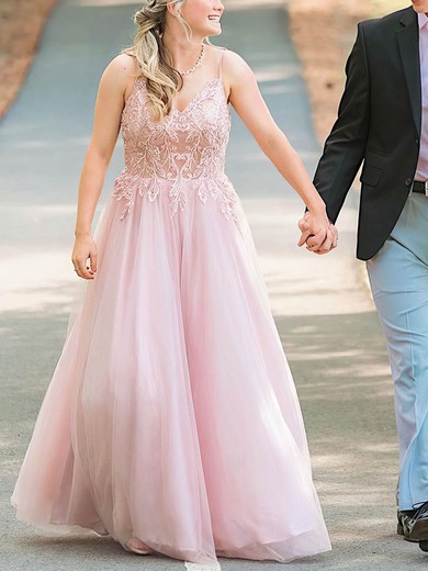 A-line V-neck Tulle Sweep Train Appliques Lace Prom Dresses #Favs020108823