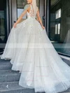 A-line V-neck Organza Sweep Train Appliques Lace Prom Dresses #Favs020108824