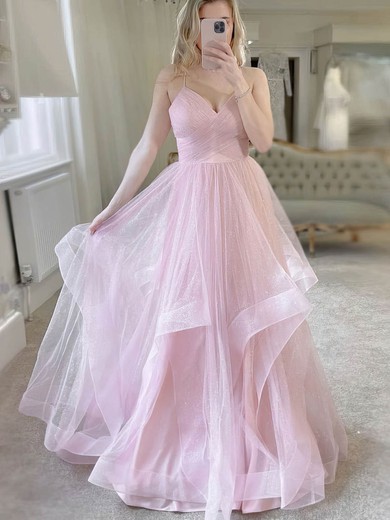 A-line V-neck Glitter Sweep Train Prom Dresses #Favs020108825