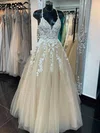 A-line V-neck Tulle Sweep Train Appliques Lace Prom Dresses #Favs020108827