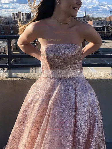 A-line Strapless Glitter Sweep Train Prom Dresses #Favs020108828