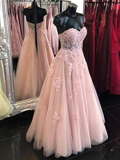 A-line V-neck Tulle Sweep Train Appliques Lace Prom Dresses #Favs020108830