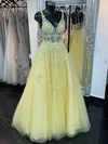 A-line V-neck Tulle Sweep Train Appliques Lace Prom Dresses #Favs020108831