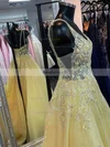 A-line V-neck Tulle Sweep Train Appliques Lace Prom Dresses #Favs020108831