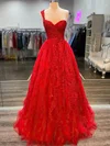 A-line One Shoulder Tulle Sweep Train Appliques Lace Prom Dresses #Favs020108832