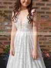 A-line V-neck Lace Sweep Train Prom Dresses #Favs020108834