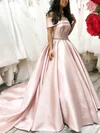 A-line Off-the-shoulder Satin Sweep Train Beading Prom Dresses #Favs020108836