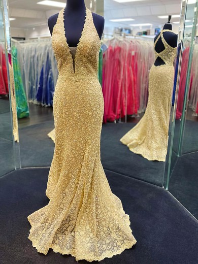 Trumpet/Mermaid V-neck Lace Sweep Train Prom Dresses #Favs020108837