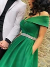 A-line Off-the-shoulder Satin Sweep Train Beading Prom Dresses #Favs020108843
