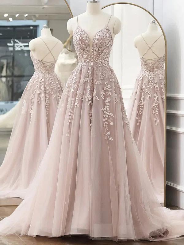 A-line V-neck Tulle Sweep Train Appliques Lace Prom Dresses #Favs020108846
