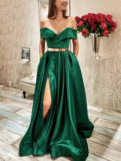 A-line Off-the-shoulder Satin Sweep Train Sashes / Ribbons Prom Dresses #Favs020108847
