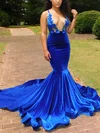 Trumpet/Mermaid V-neck Velvet Court Train Appliques Lace Prom Dresses #Favs020108849