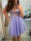 A-line V-neck Tulle Short/Mini Homecoming Dresses With Beading #Favs020110445