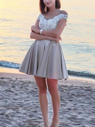 A-line Off-the-shoulder Silk-like Satin Short/Mini Homecoming Dresses With Lace #Favs020110416 A-line Off-the-shoulder Silk-like Satin Short/Mini Homecoming Dresses With Lace #Favs020110416