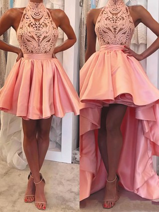 A-line High Neck Satin Asymmetrical Homecoming Dresses With Lace #Favs020110418 A-line High Neck Satin Asymmetrical Homecoming Dresses With Lace #Favs020110418