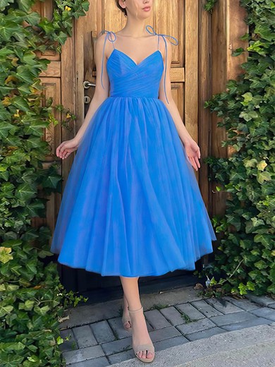 A-line V-neck Tulle Tea-length Homecoming Dresses With Ruffles #Favs020110269