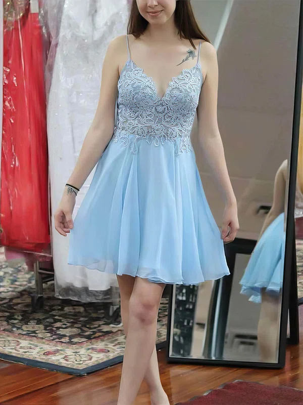 A-line V-neck Chiffon Short/Mini Homecoming Dresses With Lace #Favs020110270