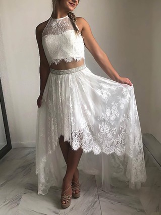 A-line Halter Lace Tulle Asymmetrical Homecoming Dresses With Beading #Favs020110548 A-line Halter Lace Tulle Asymmetrical Homecoming Dresses With Beading #Favs020110548