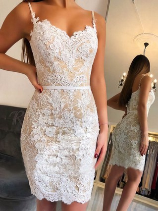 Sheath/Column V-neck Lace Tulle Knee-length Homecoming Dresses With Appliques Lace #Favs020110549 Sheath/Column V-neck Lace Tulle Knee-length Homecoming Dresses With Appliques Lace #Favs020110549