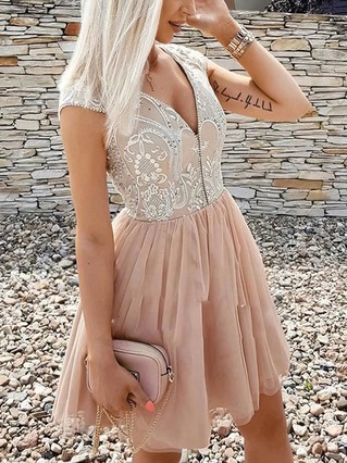 A-line V-neck Lace Tulle Short/Mini Homecoming Dresses With Appliques Lace #Favs020110514 A-line V-neck Lace Tulle Short/Mini Homecoming Dresses With Appliques Lace #Favs020110514