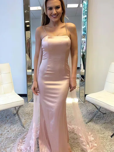 Trumpet/Mermaid Square Neckline Tulle Silk-like Satin Watteau Train Beading Prom Dresses #Favs020105500