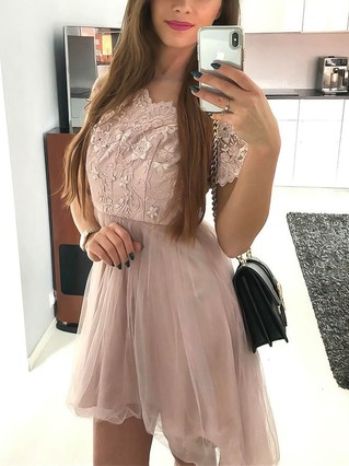 A-line V-neck Lace Tulle Asymmetrical Homecoming Dresses With Appliques Lace #Favs020110535 A-line V-neck Lace Tulle Asymmetrical Homecoming Dresses With Appliques Lace #Favs020110535