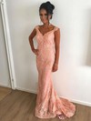 Sheath/Column V-neck Lace Sweep Train Beading Prom Dresses #Favs020105514